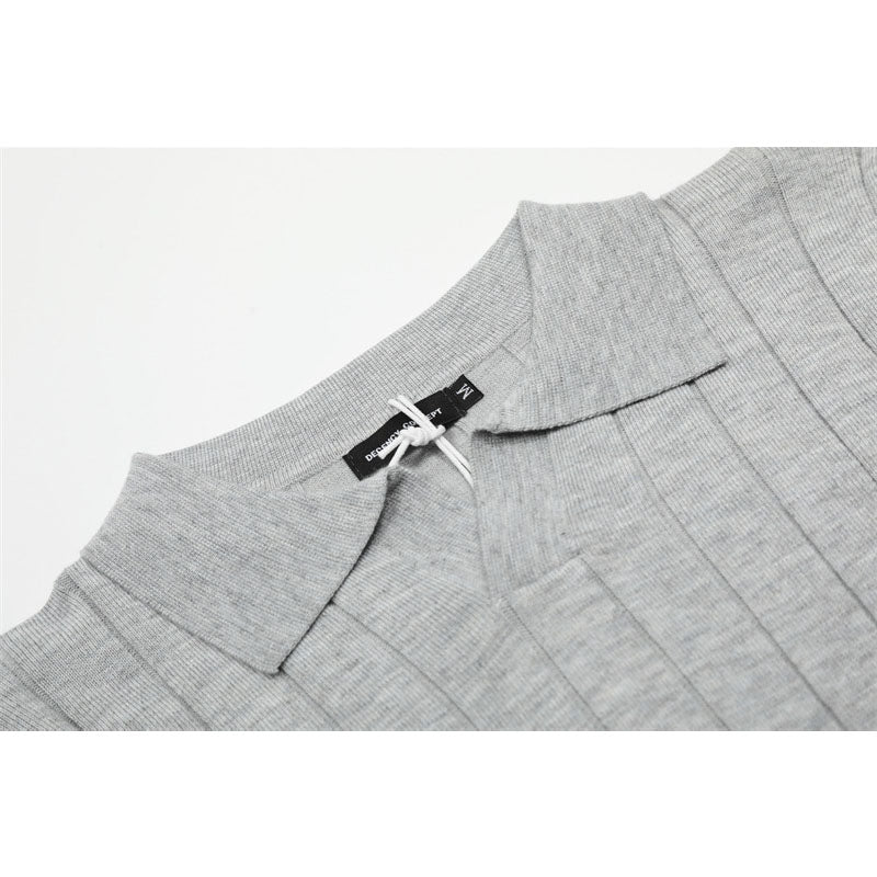 Casual Street Wear Vintage Striped Knitted Sweater V-Neck Short Sleeve POLO Shirt Top