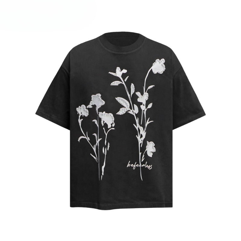 80s And 90s Vintage T Shirts Pearl Floral Print Crew Neck Short Sleeves