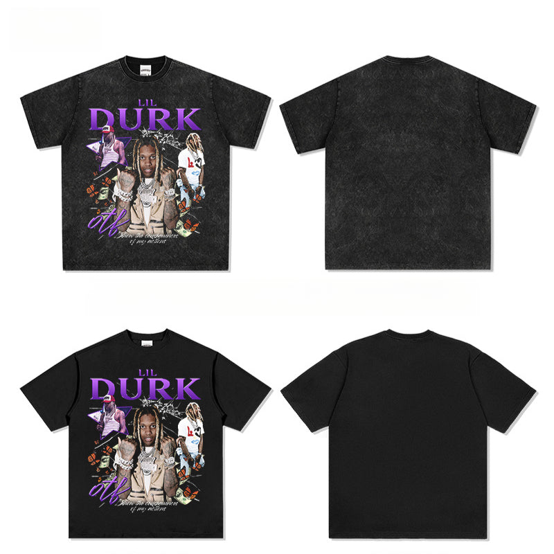 Streetwear masculino vintage hip hop lil durk print short sleeve t-shirt vintage