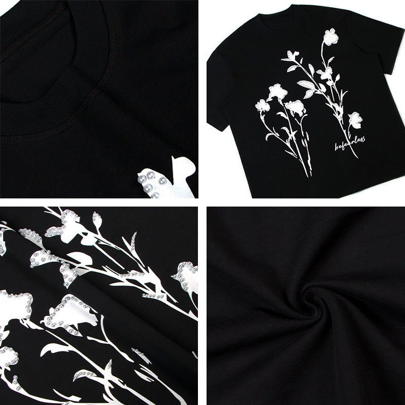 80s And 90s Vintage T Shirts Pearl Floral Print Crew Neck Short Sleeves