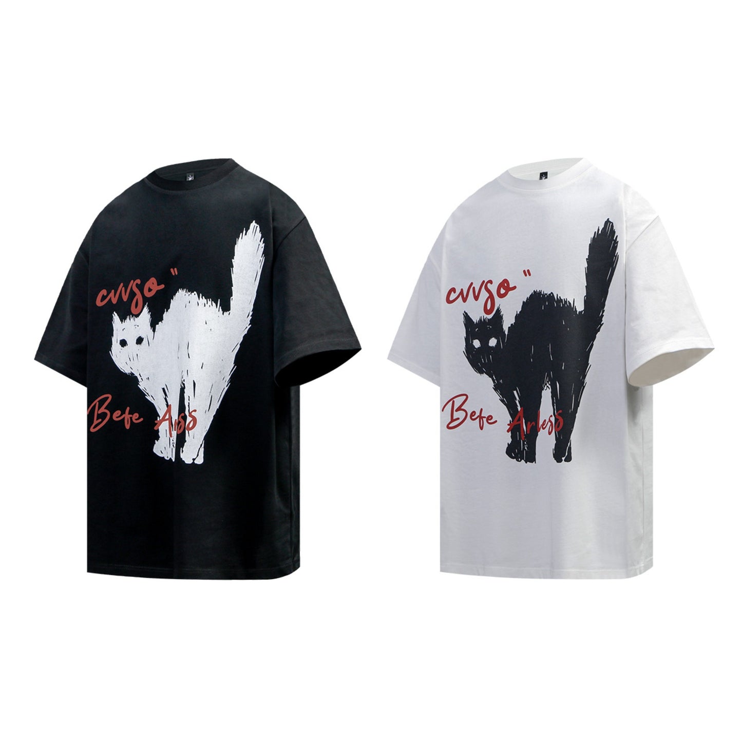 Unisex T-shirts Summer Vintage Painting Cat Men's Loose Short Sleeve T-Shirt