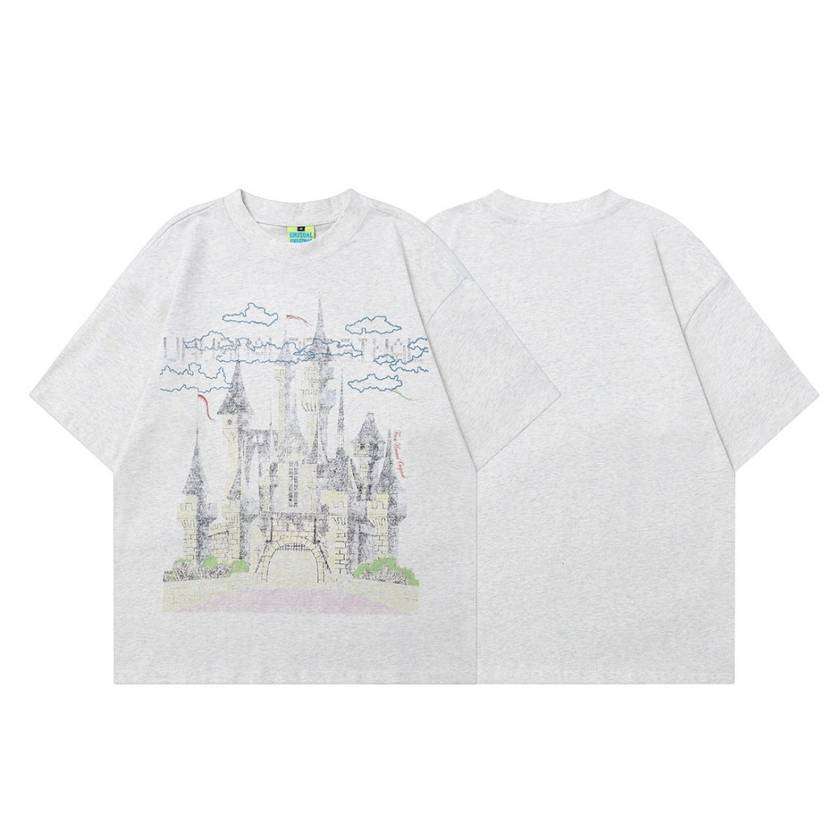 90s West Coast Hip Hop Fashion T Shirts Vintage Castle Print Cotton Short Sleeves