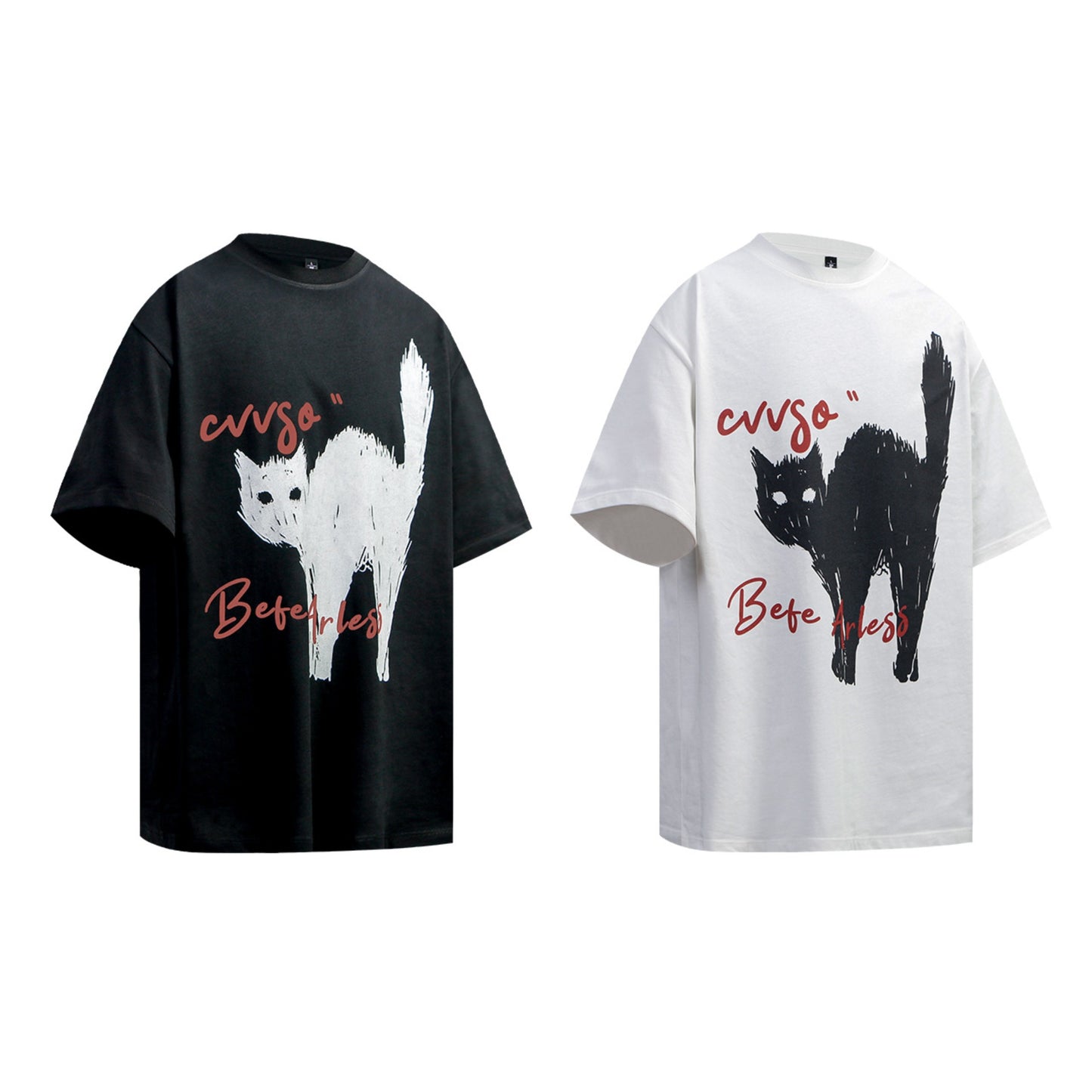 Unisex T-shirts Summer Vintage Painting Cat Men's Loose Short Sleeve T-Shirt