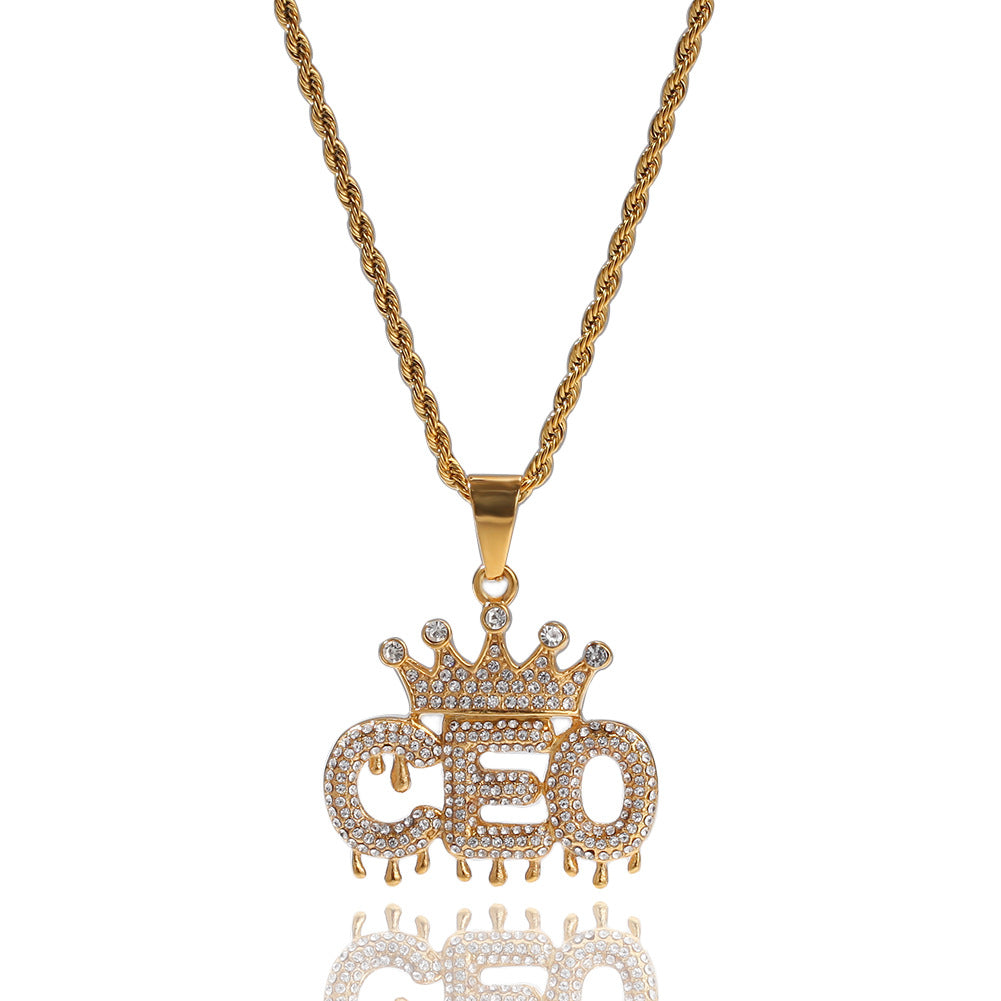 Jewelry Full Diamond Crown CEO Letter Necklace Alphabet Pieces Royalty