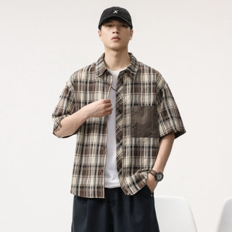 Men T-shirts Vintage Plaid Shirt Short Sleeve Summer Loose