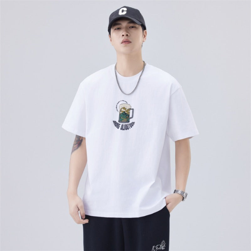 Men T-shirts Summer Loose Printed Bottom Shirt Short Sleeve