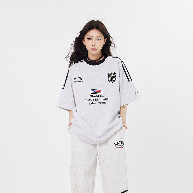 Vintage T Shirts Hip Hop Letter Embroidered Webbing Short Sleeve T-Shirt