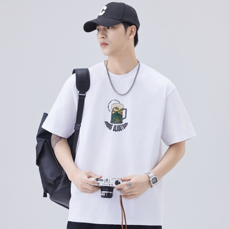 Men T-shirts Summer Loose Printed Bottom Shirt Short Sleeve