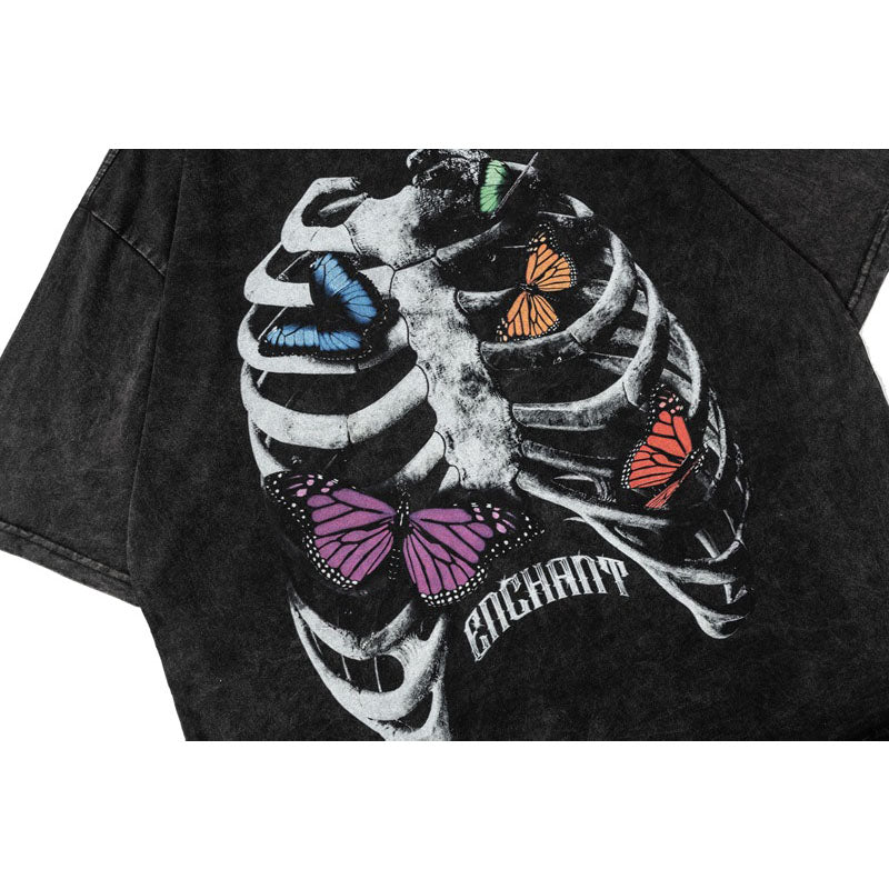 Hip Hop Clothing Summer Short Sleeve Hip Hop Wash T-Shirt Skull Skeleton Print