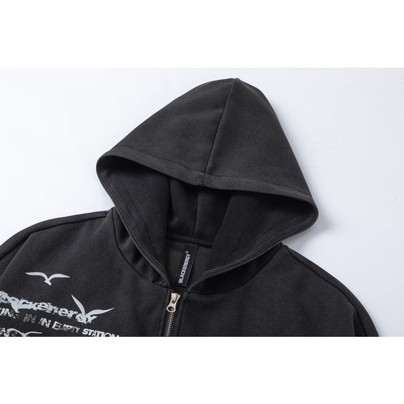 Streetwear Hoodie Vintage Washed Old Letter Print Hooded Sweater Cardigan Jacket