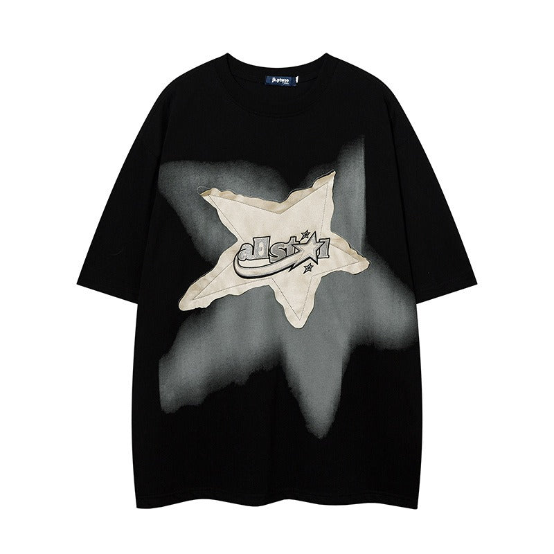 1990 Fashion T-Shirt Vintage Pentagram Embroidered T-Shirt Summer Short Sleeve T-Shirt