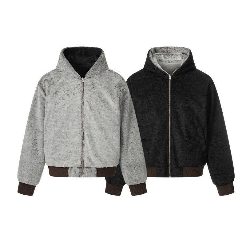 Unisex Down Jacket Winter Double Sided Fleece Hooded Jacket Men