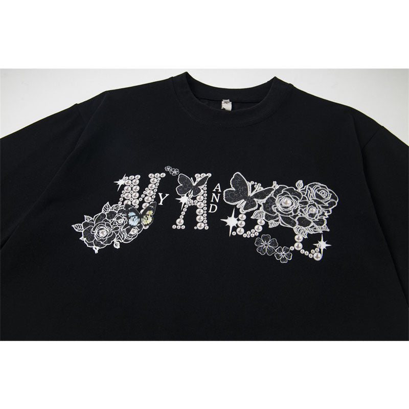 Casual Street Wear Vintage Butterfly Pattern Short Sleeve T-Shirt Crew Neck Loose Casual