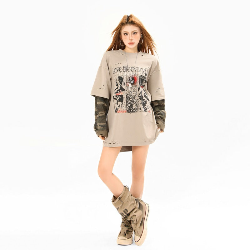 Unisex long-sleeved shirt men's autum camouflage fake two-piece