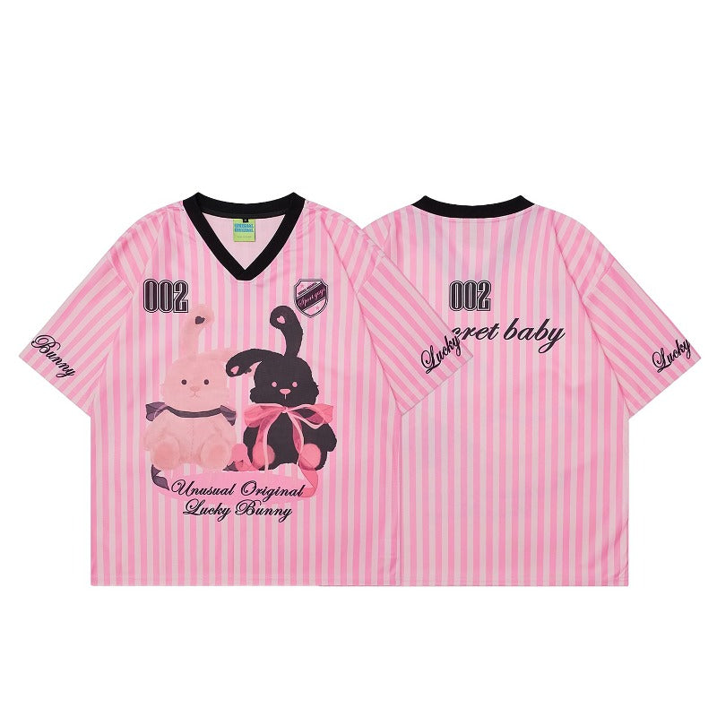 90s West Coast Hip Hop Fashion T Shirts Fun Rabbit Print Jersey Loose Sports Short Sleeve T-Shirt Men