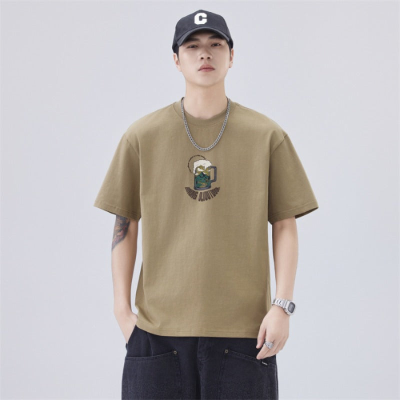 Men T-shirts Summer Loose Printed Bottom Shirt Short Sleeve