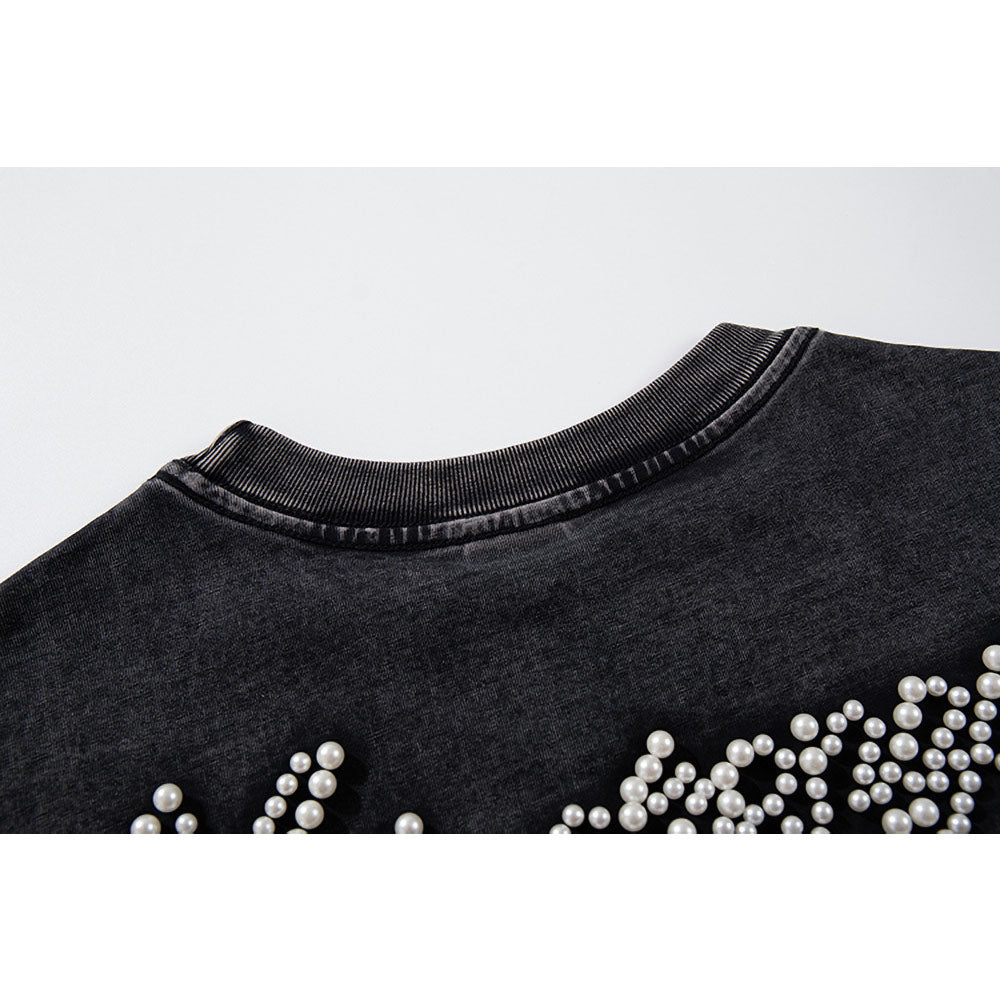 Nostalgia T Shirts Vintage Pearl Letter Short Sleeve T-Shirt Summer Crew Neck Top