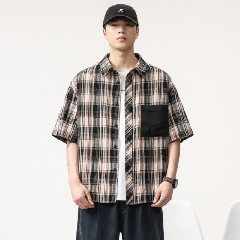 Men T-shirts Vintage Plaid Shirt Short Sleeve Summer Loose