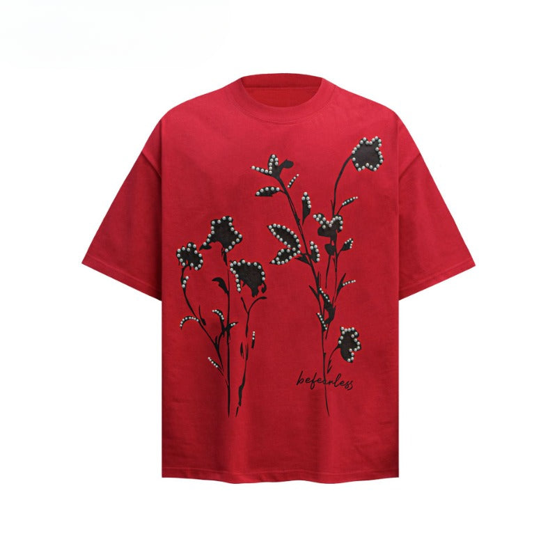 80s And 90s Vintage T Shirts Pearl Floral Print Crew Neck Short Sleeves