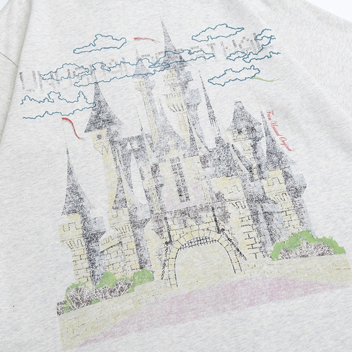 90s West Coast Hip Hop Fashion T Shirts Vintage Castle Print Cotton Short Sleeves