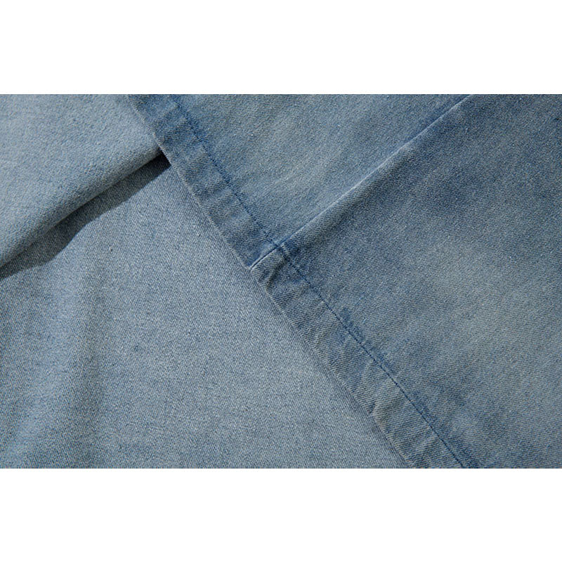 New York Hip Hop Style Washed Denim POLO Neck Long Sleeve T-Shirt Loose oversize