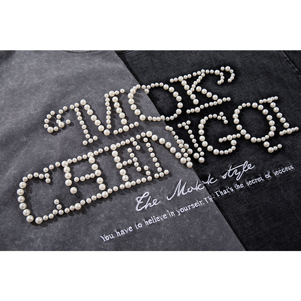 Nostalgia T Shirts Vintage Pearl Letter Short Sleeve T-Shirt Summer Crew Neck Top