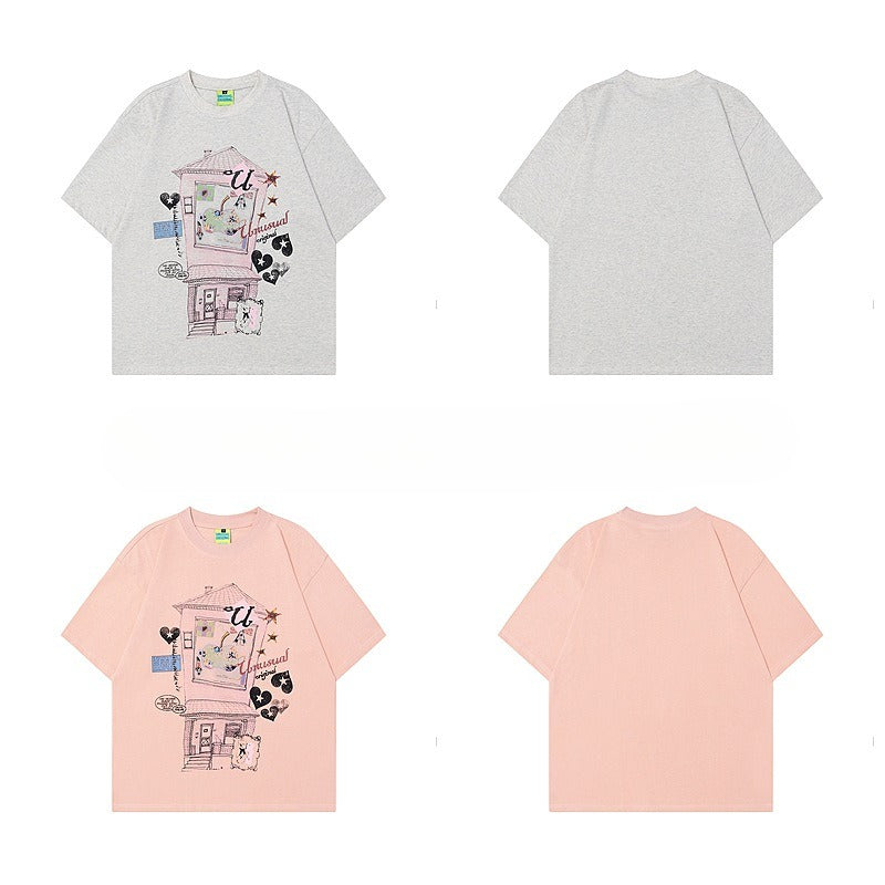 90s West Coast Hip Hop Fashion T Shirts Pink Bear Home Short Sleeve T-Shirt