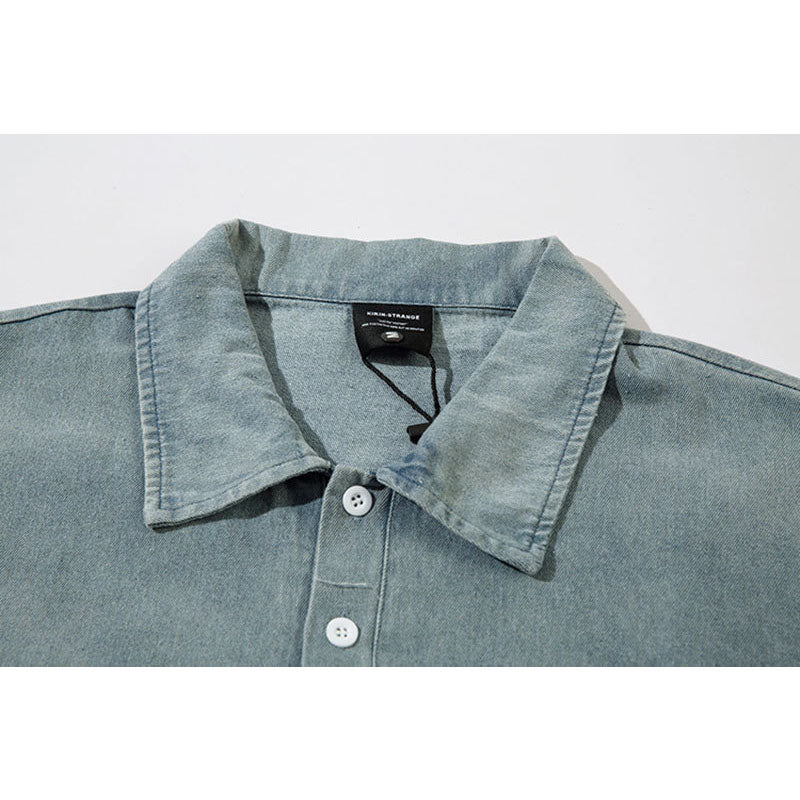 Marcas De Streetwear Washed Old POLO Shirt Loose Denim Long Sleeve T-Shirt