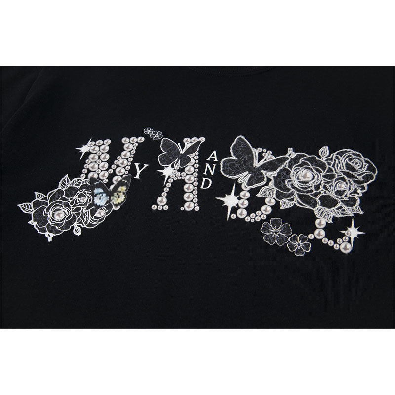 Casual Street Wear Vintage Butterfly Pattern Short Sleeve T-Shirt Crew Neck Loose Casual