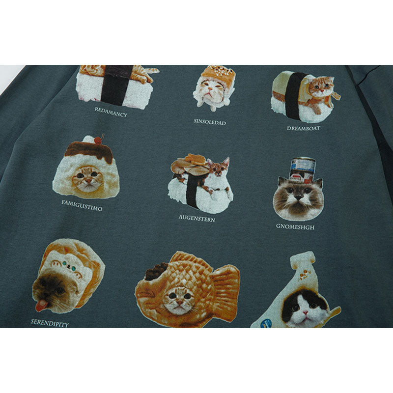 Marcas De Streetwear Vintage Sushi Cat Print Long Sleeve T-Shirt