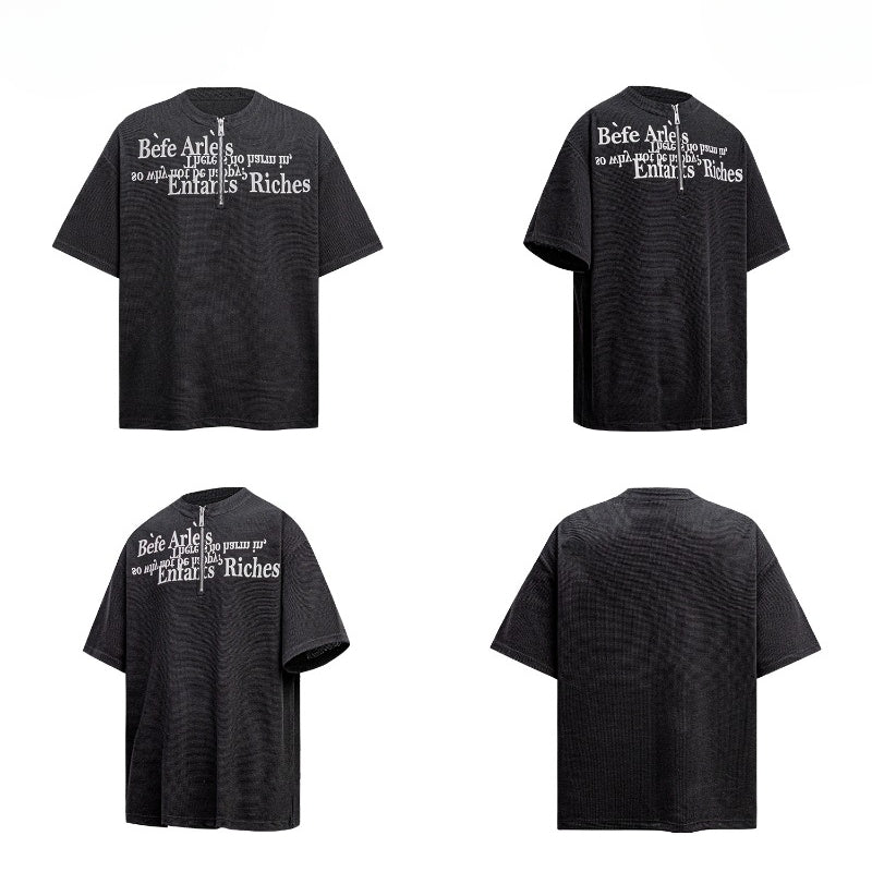 80s And 90s Vintage Letter Half Zip Cleanfit Henry Neck Short Sleeve T-Shirt