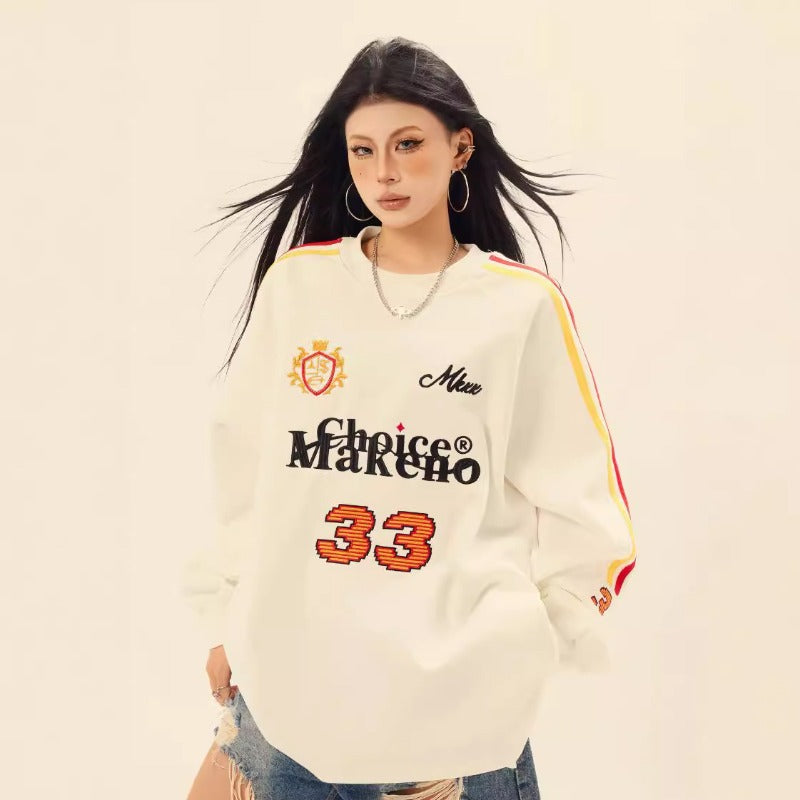 Marcas De Streetwear Embroidery Bar Crew Neck Long Sleeve T-Shirt Loose Sweater
