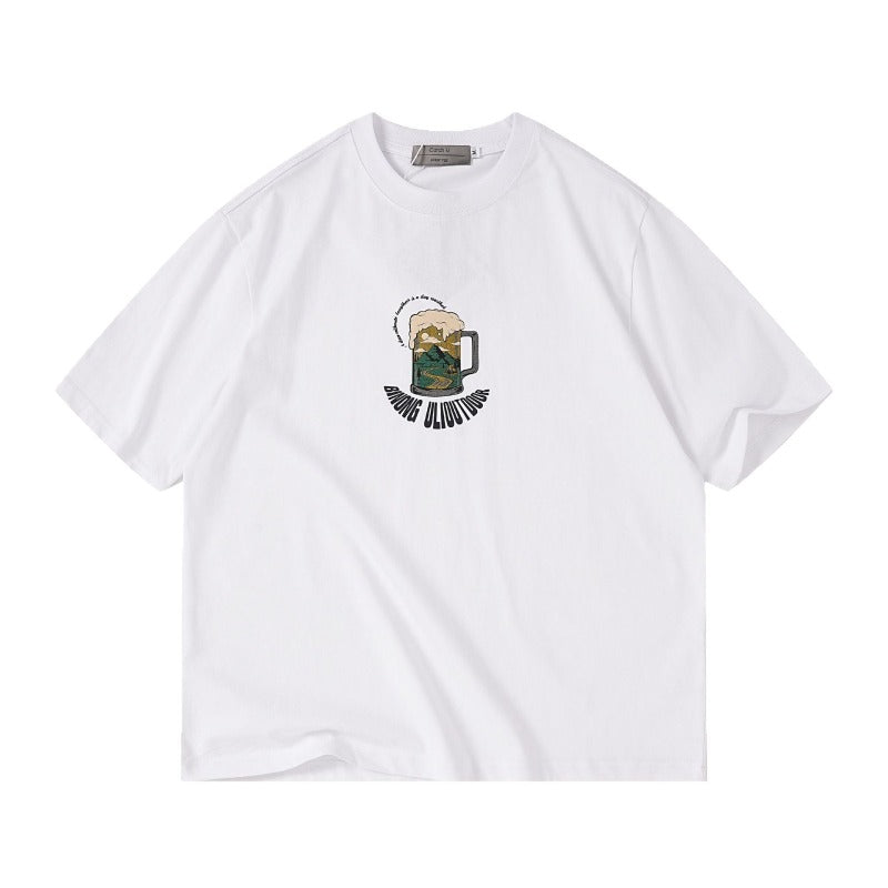 Men T-shirts Summer Loose Printed Bottom Shirt Short Sleeve