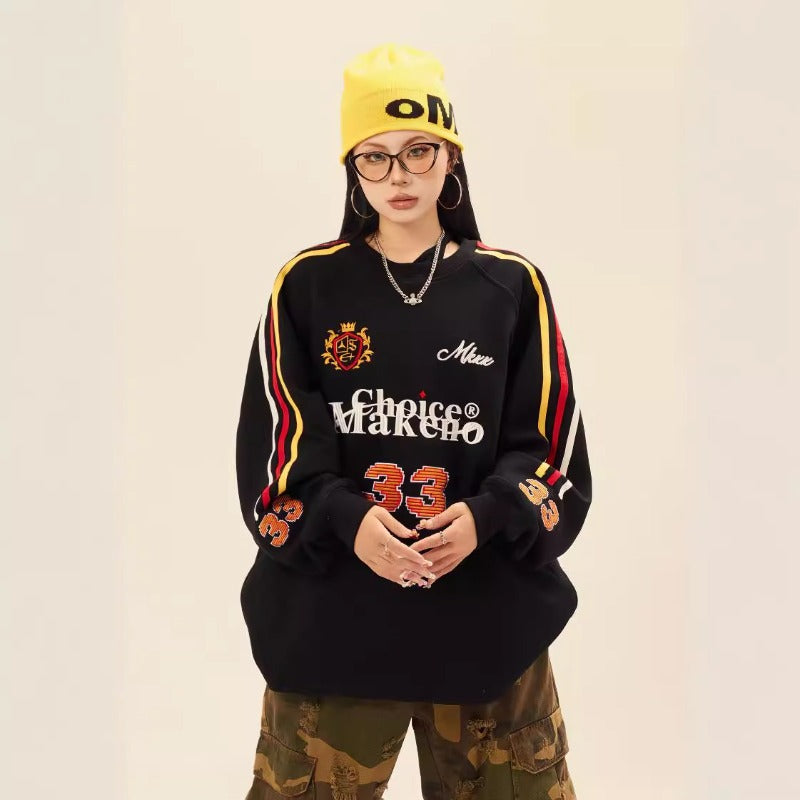 Marcas De Streetwear Embroidery Bar Crew Neck Long Sleeve T-Shirt Loose Sweater