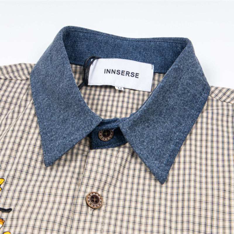 Y2K mens shirt vintage plaid embroidery college style short-sleeved plaid shirt