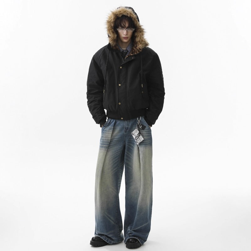 Unisex Down Jacket Men's Winter Fur Collar Leopard Print Fleece Padded Jacket
