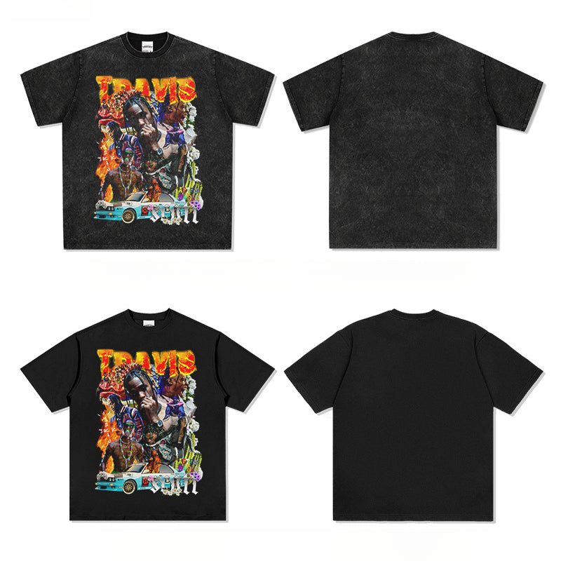 Cool t rapper vintage hip hop Travis Scott print short sleeve t-shirt loose