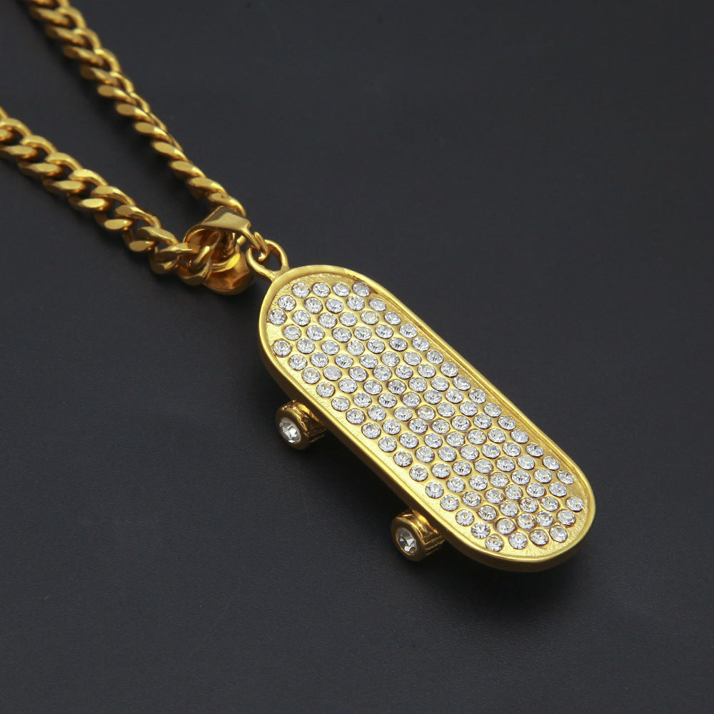 Jewelry Full Diamond Skateboard Pendant Necklace Royalty