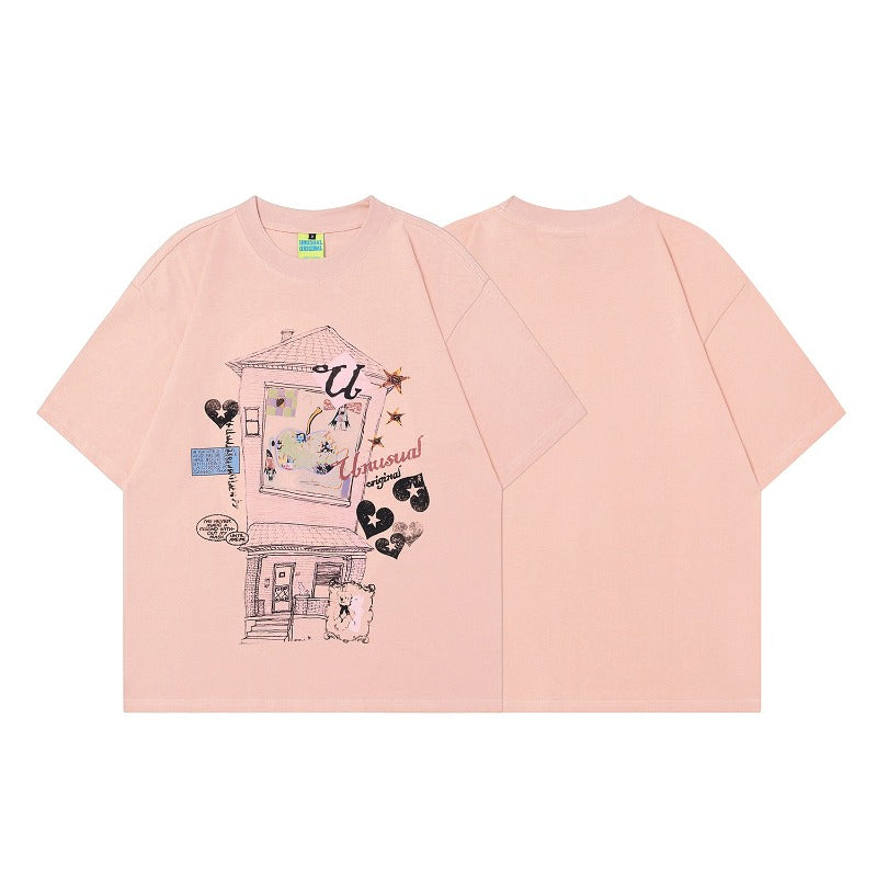90s West Coast Hip Hop Fashion T Shirts Pink Bear Home Short Sleeve T-Shirt