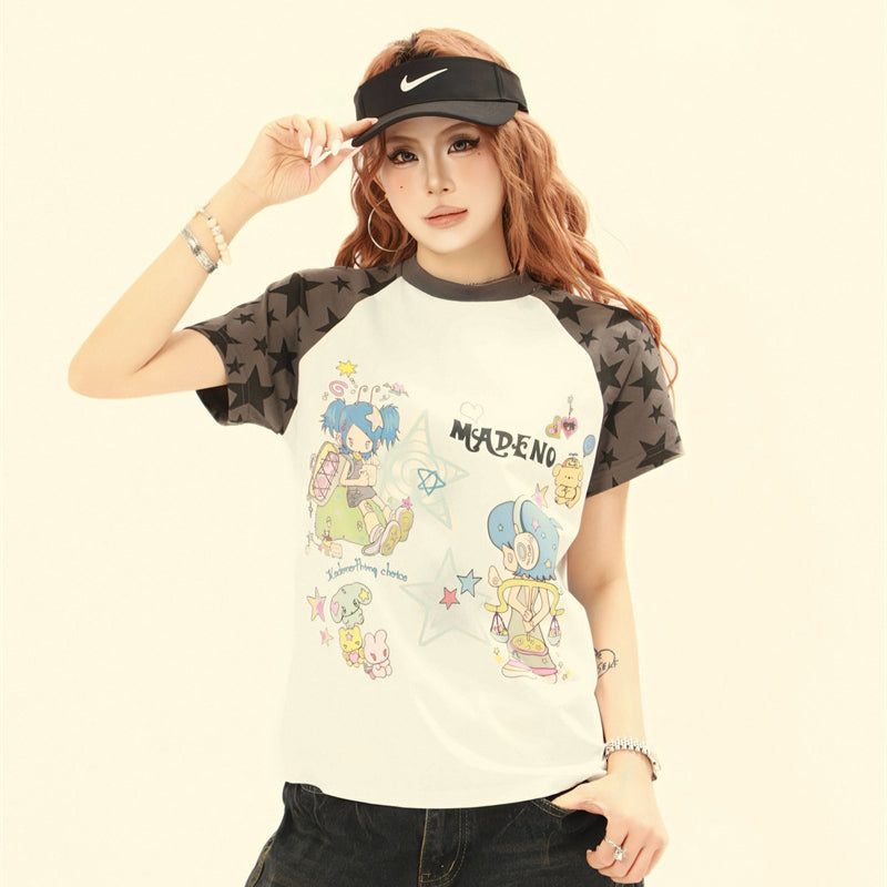 Hip Hop Shirts For Boys Vintage T-Shirt Summer Loose Cartoon Crew Neck Short Sleeve Top