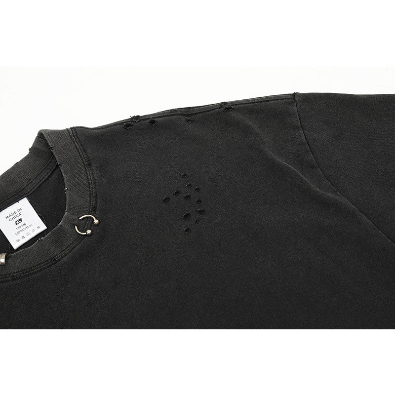 Marcas De Streetwear Vintage Washed Old Ripped Short Sleeve T-Shirt