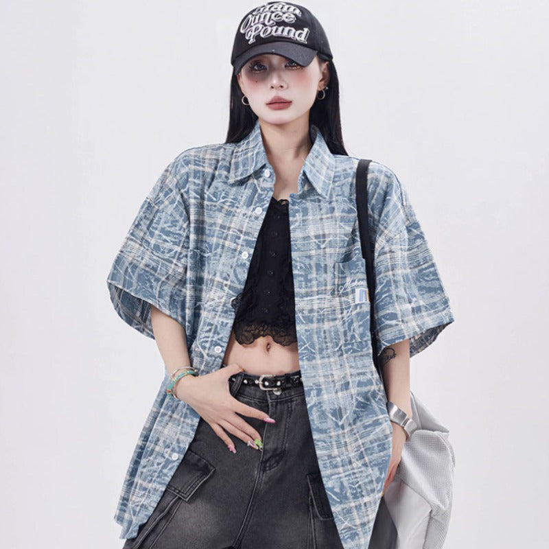 Marcas De Streetwear cleanfit tie-dye plaid short-sleeved shirt