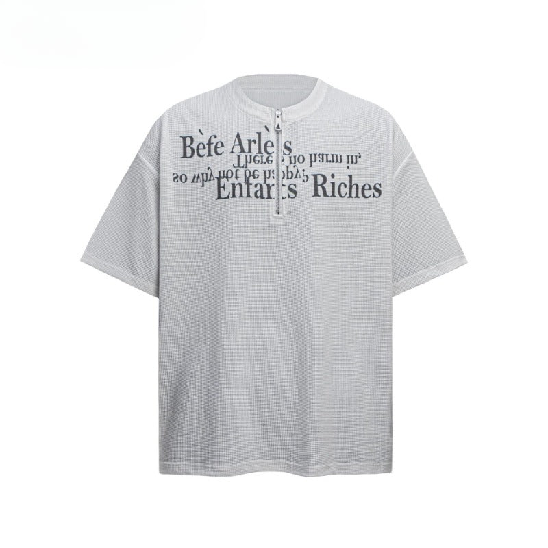 80s And 90s Vintage Letter Half Zip Cleanfit Henry Neck Short Sleeve T-Shirt