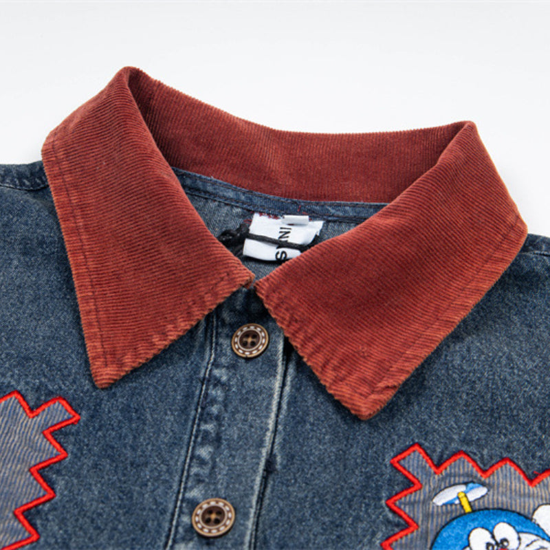 Y2K mens shirt retro cartoon lapel stitching embroidered polo shirt