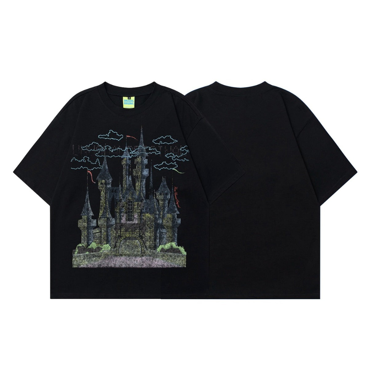 90s West Coast Hip Hop Fashion T Shirts Vintage Castle Print Cotton Short Sleeves