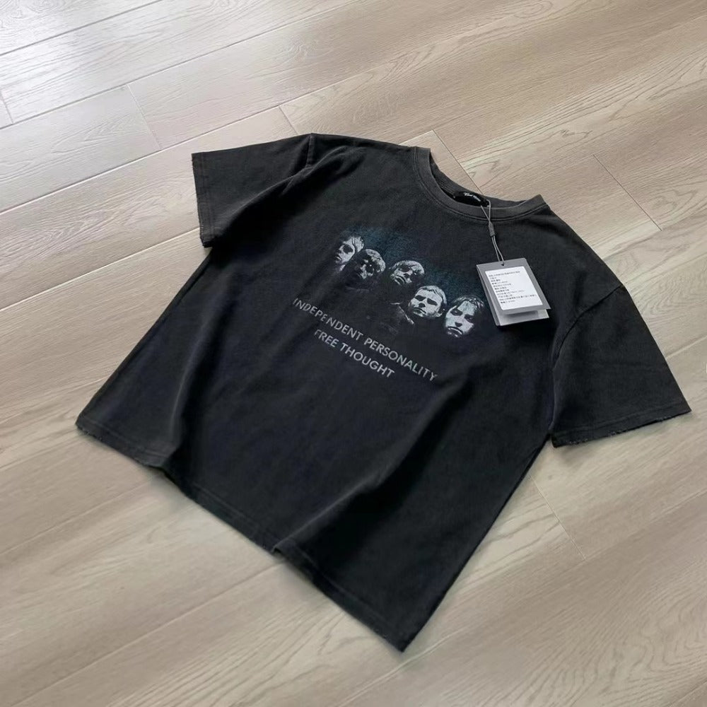 Streetwear Eua t shirt vintage washed do long sleeve wreck band print vintage short sleeve top