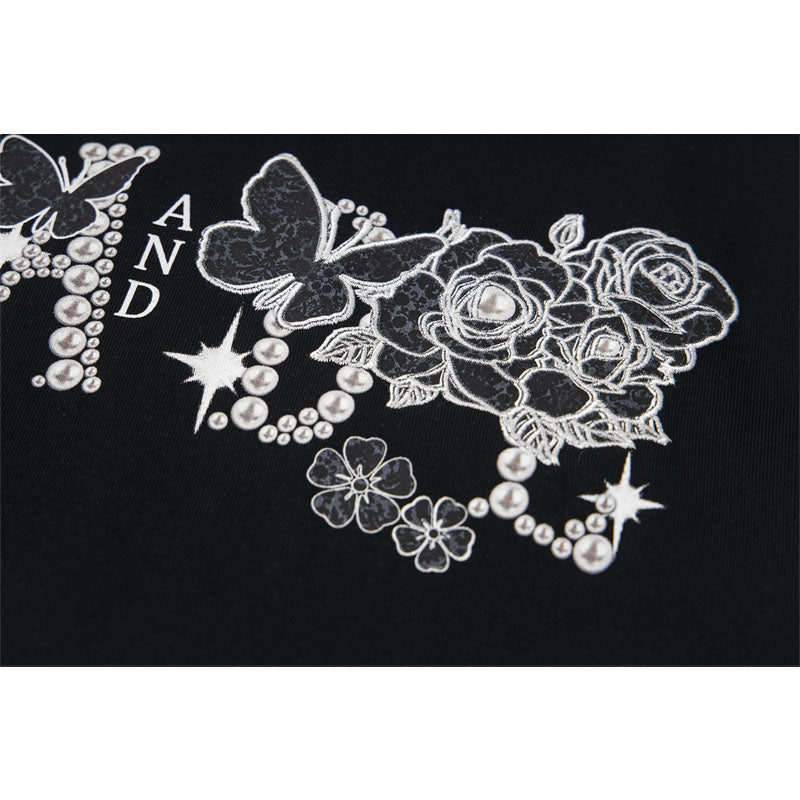 Casual Street Wear Vintage Butterfly Pattern Short Sleeve T-Shirt Crew Neck Loose Casual