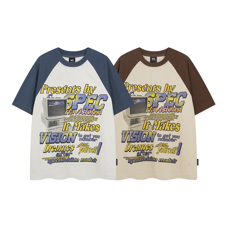 Y2K mens shirt washed spray-painted letter stitching retro loose round neck short-sleeved T-shirt