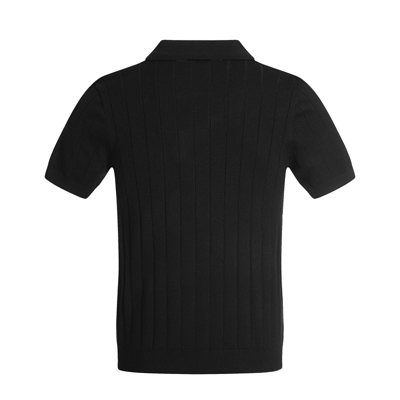 Casual Street Wear Vintage Striped Knitted Sweater V-Neck Short Sleeve POLO Shirt Top