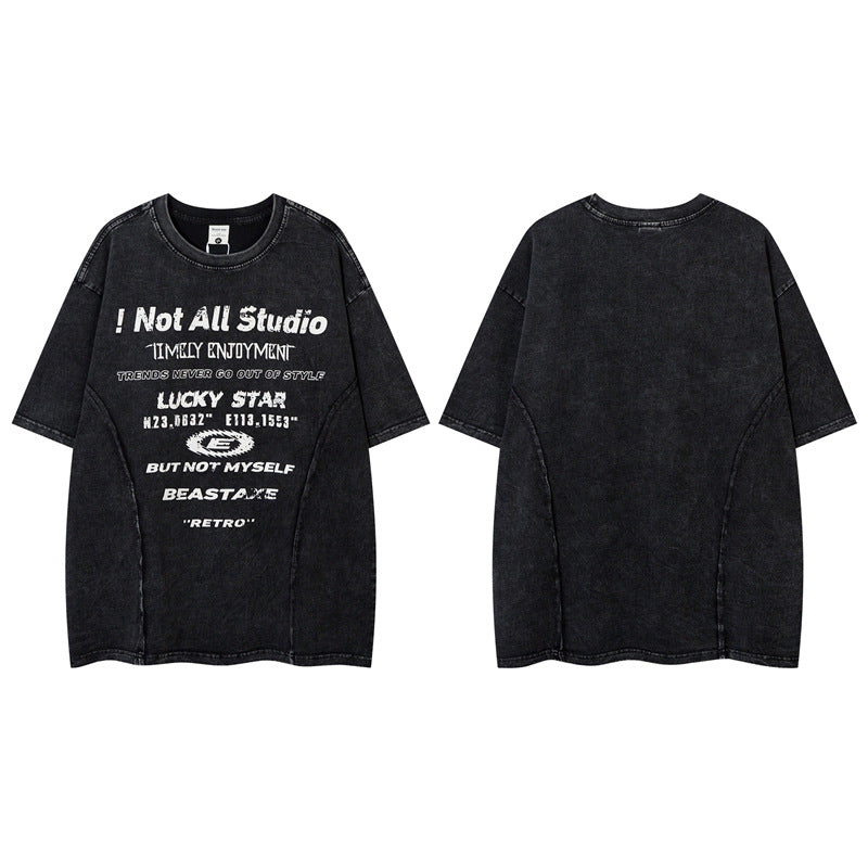 Y2K mens shirt washed splicing alphabet hip hop retro short sleeve t-shirt